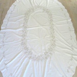 Vintage Large Oval Fabric Tablecloth Beige Floral Hand Cross-stitch Embroidery